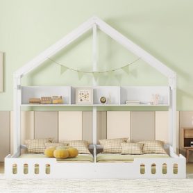 Wood Twin Size House Platform Beds With Shelves And Guardrail
