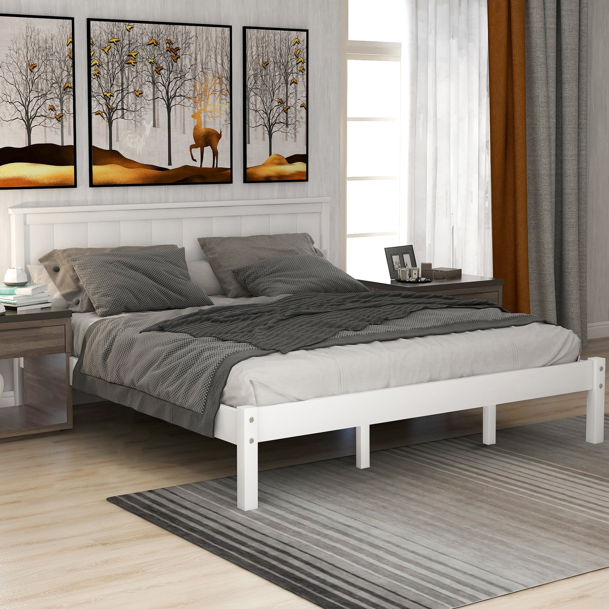 Queen Size Platform Bed Frame With Headboard, Wood Slat Support, No Box Spring Needed