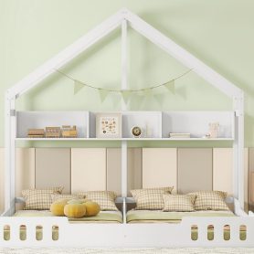 Wood Twin Size House Platform Beds With Shelves And Guardrail