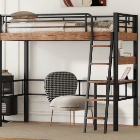 Metal Twin Size Loft Bed With Built-in Desk, Storage Shelf And Ladder