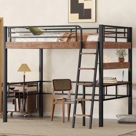 Metal Full Size Loft Bed With Built-in Desk, Storage Shelf And Ladder