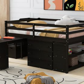 Full Size Wooden Loft Bed With Retractable Writing Desk And 3 Drawers, Storage Stairs And Shelves