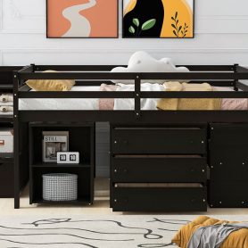 Full Size Wooden Loft Bed With Retractable Writing Desk And 3 Drawers, Storage Stairs And Shelves