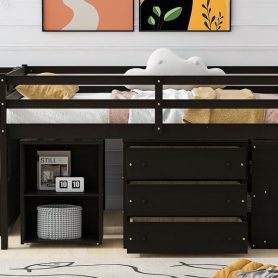 Full Size Wooden Loft Bed With Retractable Writing Desk And 3 Drawers, Storage Stairs And Shelves