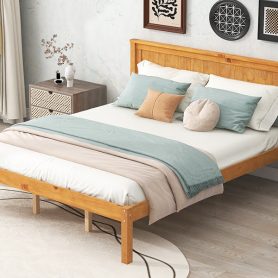 Queen Size Platform Bed Frame With Headboard, Wood Slat Support, No Box Spring Needed