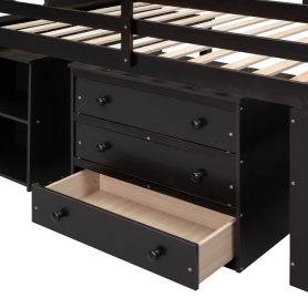Full Size Wooden Loft Bed With Retractable Writing Desk And 3 Drawers, Storage Stairs And Shelves