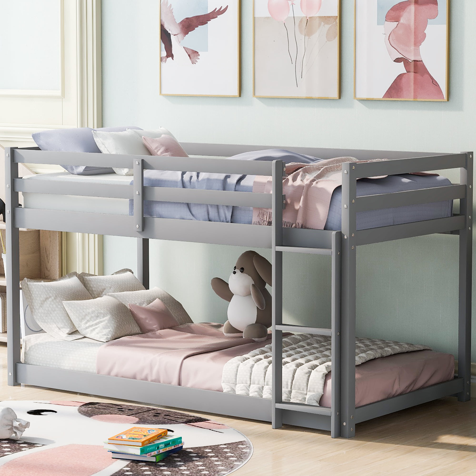 Wooden Twin Over Twin Floor Bunk Bed With Ladder