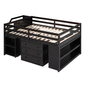 Full Size Wooden Loft Bed With Retractable Writing Desk And 3 Drawers, Storage Stairs And Shelves