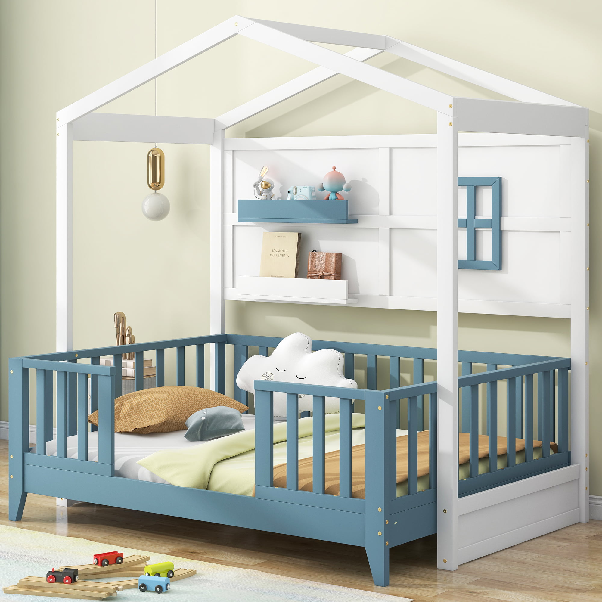 Twin Size Wood House Bed With 2 Shelves And Guardrail