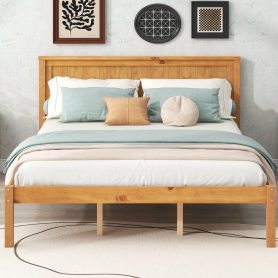 Queen Size Platform Bed Frame With Headboard, Wood Slat Support, No Box Spring Needed