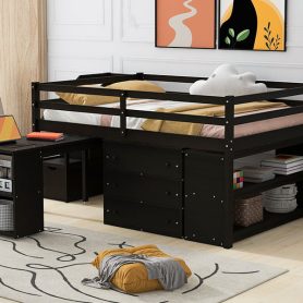 Full Size Wooden Loft Bed With Retractable Writing Desk And 3 Drawers, Storage Stairs And Shelves