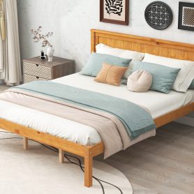 Queen Size Platform Bed Frame With Headboard, Wood Slat Support, No Box Spring Needed
