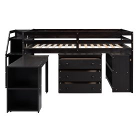 Full Size Wooden Loft Bed With Retractable Writing Desk And 3 Drawers, Storage Stairs And Shelves