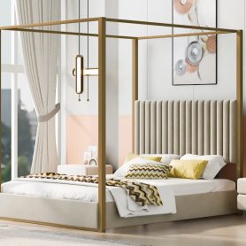 Queen Size Upholstery Canopy Platform Bed with Headboard and Metal Frame