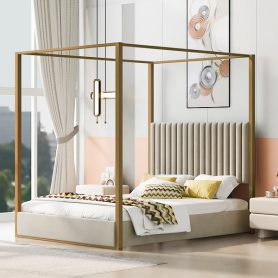 Queen Size Upholstery Canopy Platform Bed with Headboard and Metal Frame