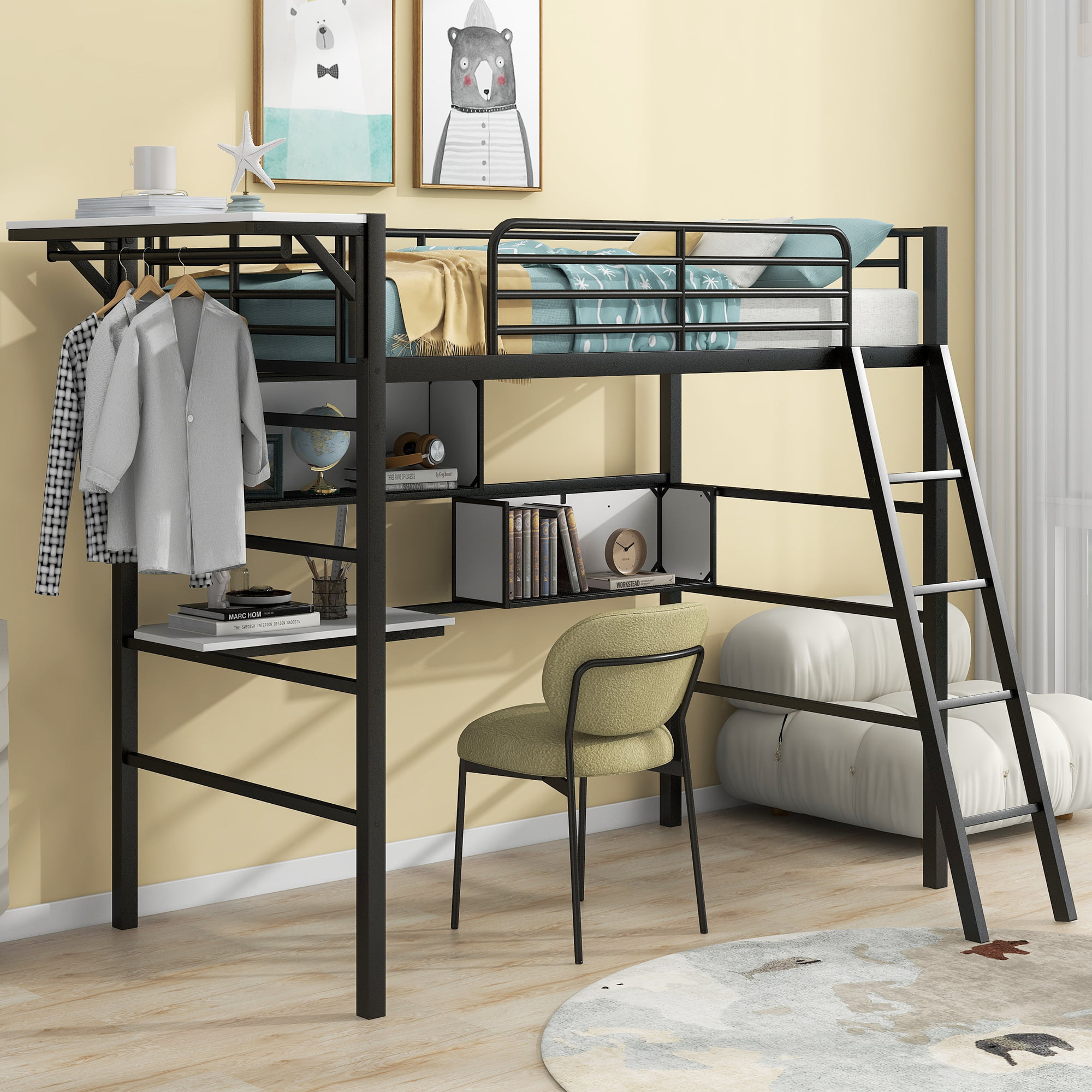 Twin Size Metal Loft Bed With 2 Shelves, A Desk And A Hanging Clothes Rack
