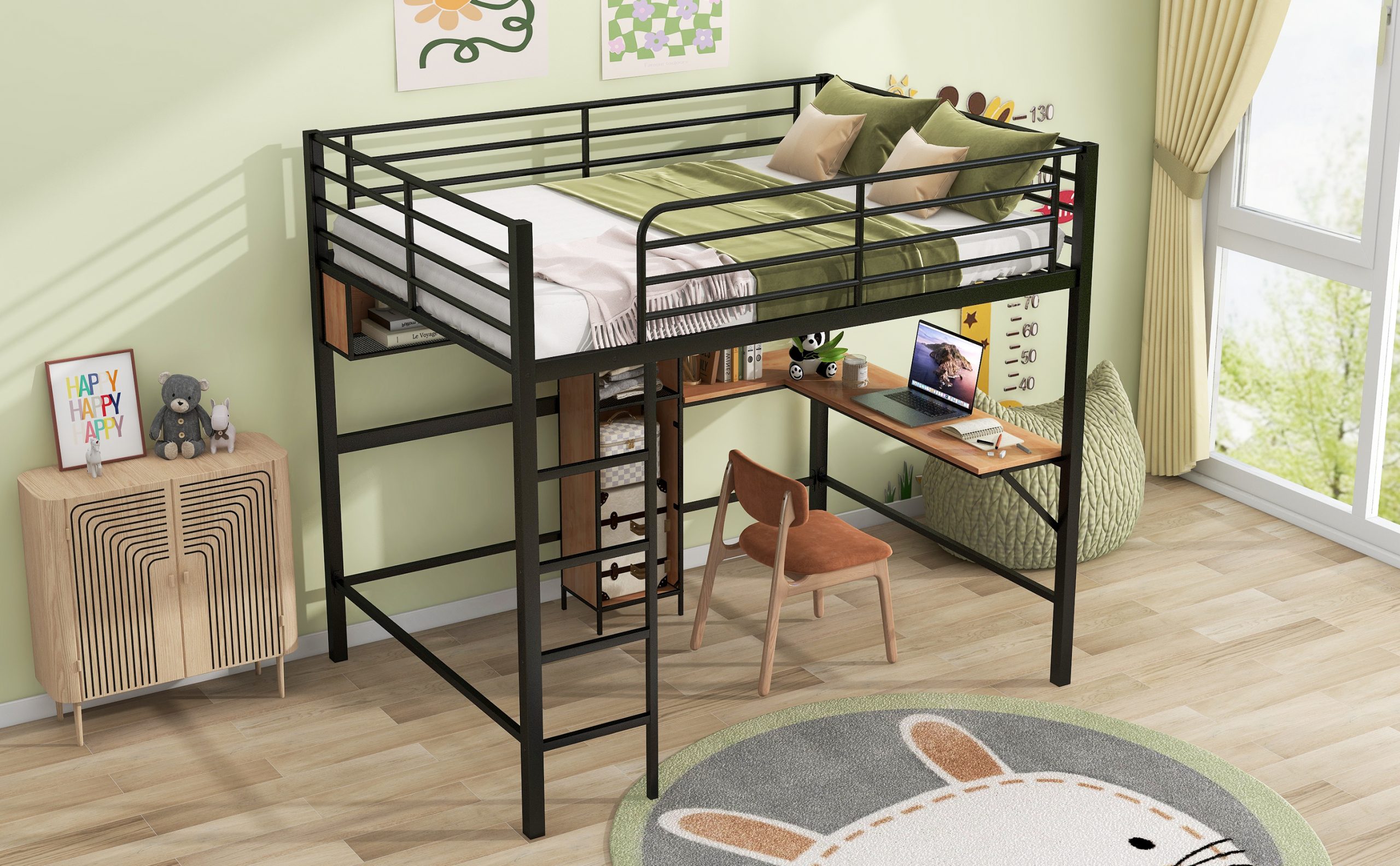 Full Size Metal & Wood Loft Bed With L-Shaped Desk And Shelves 6 Full Size Metal & Wood Loft Bed With L-Shaped Desk And Shelves
