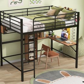 Full Size Metal & Wood Loft Bed With L-Shaped Desk And Shelves 20 Full Size Metal & Wood Loft Bed With L-Shaped Desk And Shelves