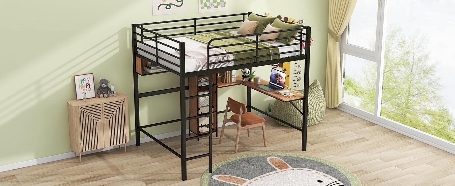 Full Size Metal & Wood Loft Bed With L-Shaped Desk And Shelves 7 Full Size Metal & Wood Loft Bed With L-Shaped Desk And Shelves