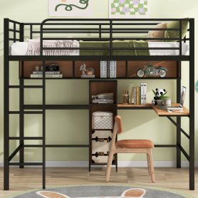 Full Size Metal & Wood Loft Bed With L-Shaped Desk And Shelves