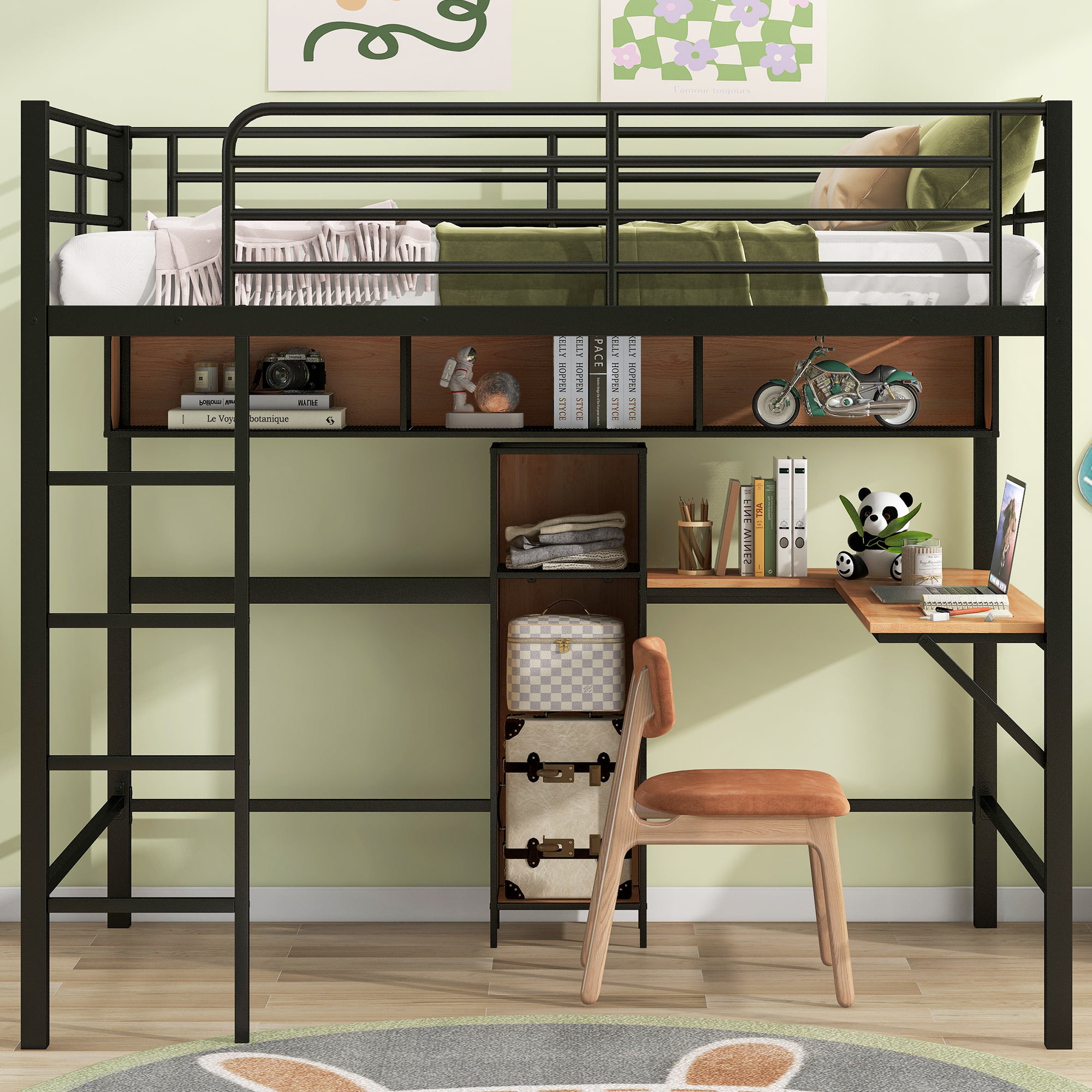 Full Size Metal & Wood Loft Bed With L-Shaped Desk And Shelves 4 Full Size Metal & Wood Loft Bed With L-Shaped Desk And Shelves