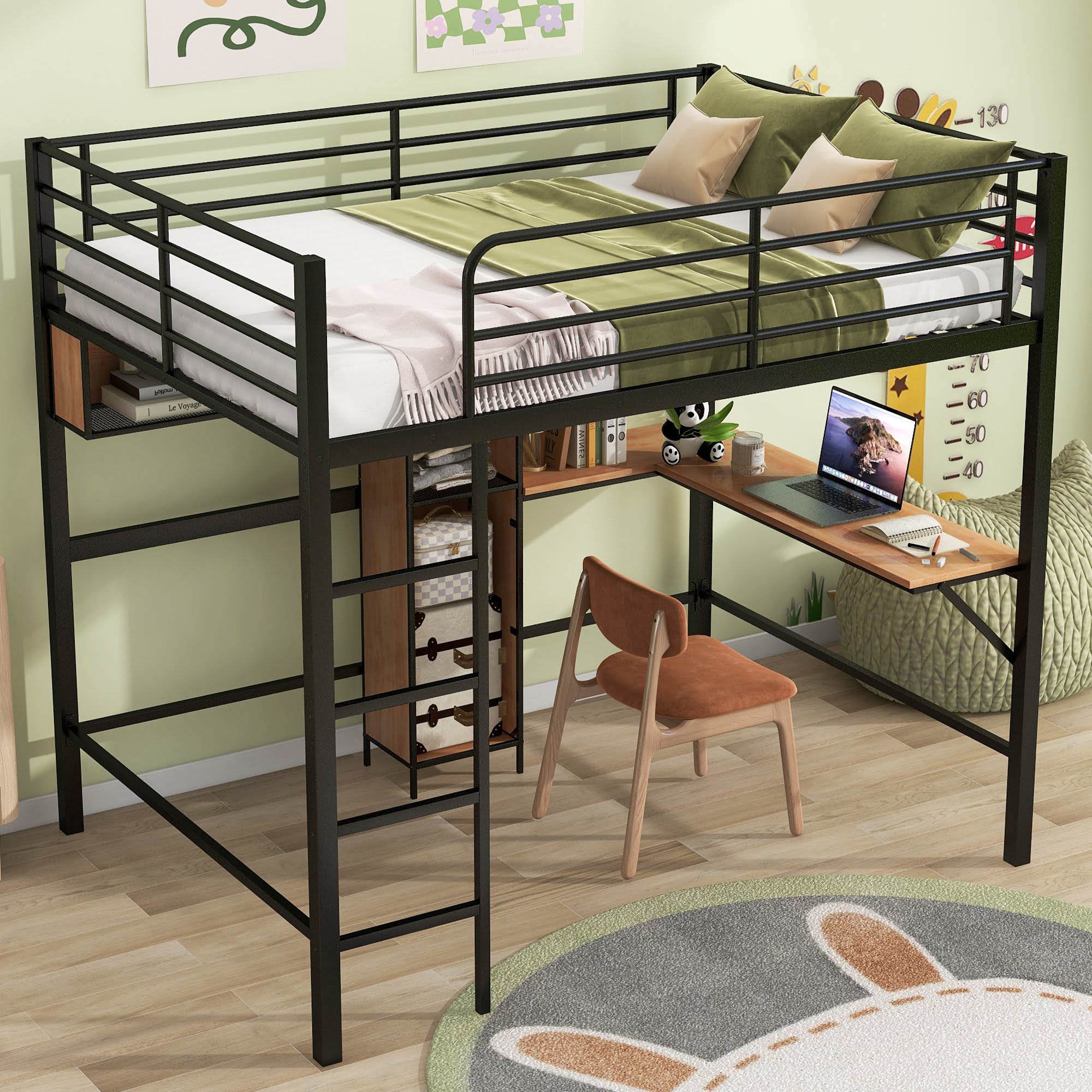 Full Size Metal & Wood Loft Bed With L-Shaped Desk And Shelves 5 Full Size Metal & Wood Loft Bed With L-Shaped Desk And Shelves