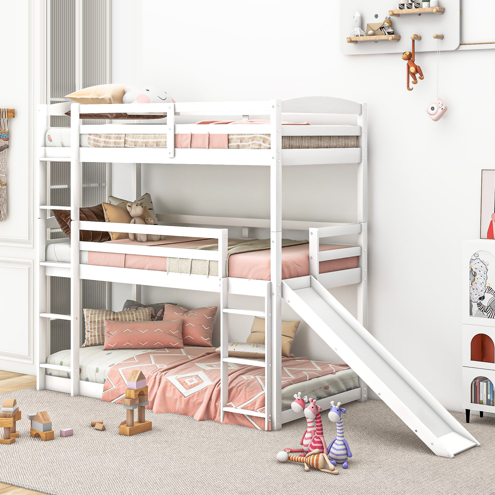 Adjustable Twin over Twin over Twin Triple Bunk Bed with Ladder and Slide