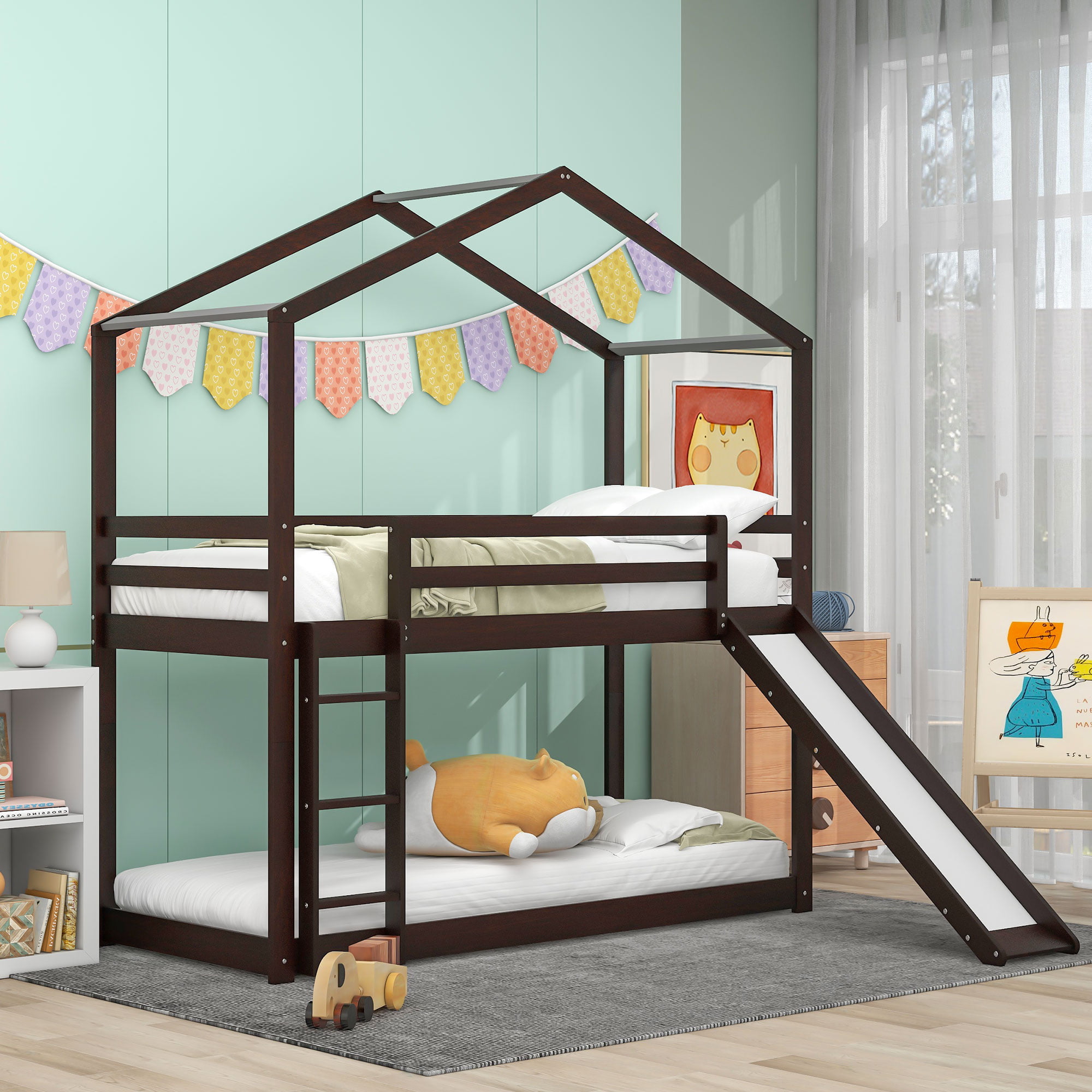 Twin Over Twin Bunk Bed With Roof, Slide And Ladder