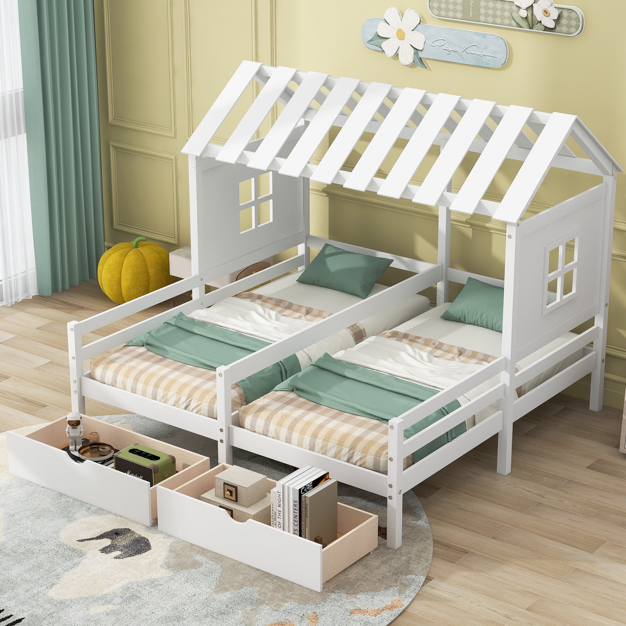 Twin Size House Platform Beds With Two Drawers