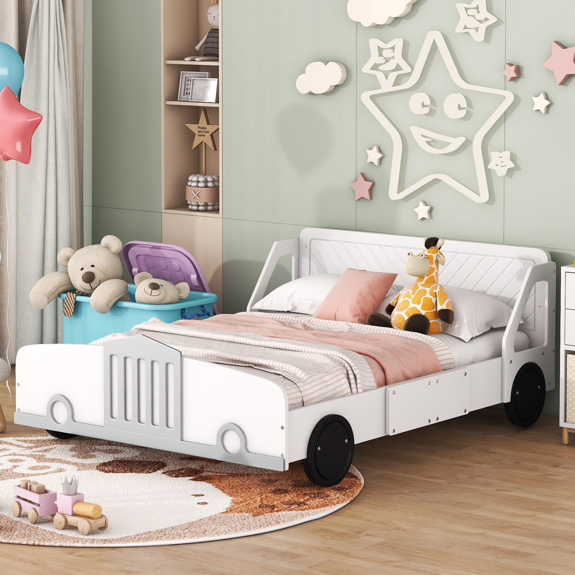 Full Size Car-Shaped Platform Bed With Wheels