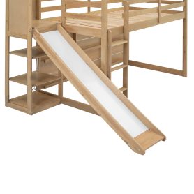 Twin Size Wood House Loft Bed With Slide, Storage Shelves And Light, Climbing Ramp
