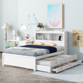 Full Size Platform Bed With Trundle, Drawers And USB Plugs