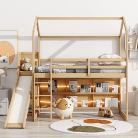Twin Size Wood House Loft Bed With Slide, Storage Shelves And Light, Climbing Ramp