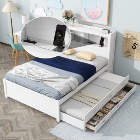 Full Size Platform Bed With Trundle, Drawers And USB Plugs