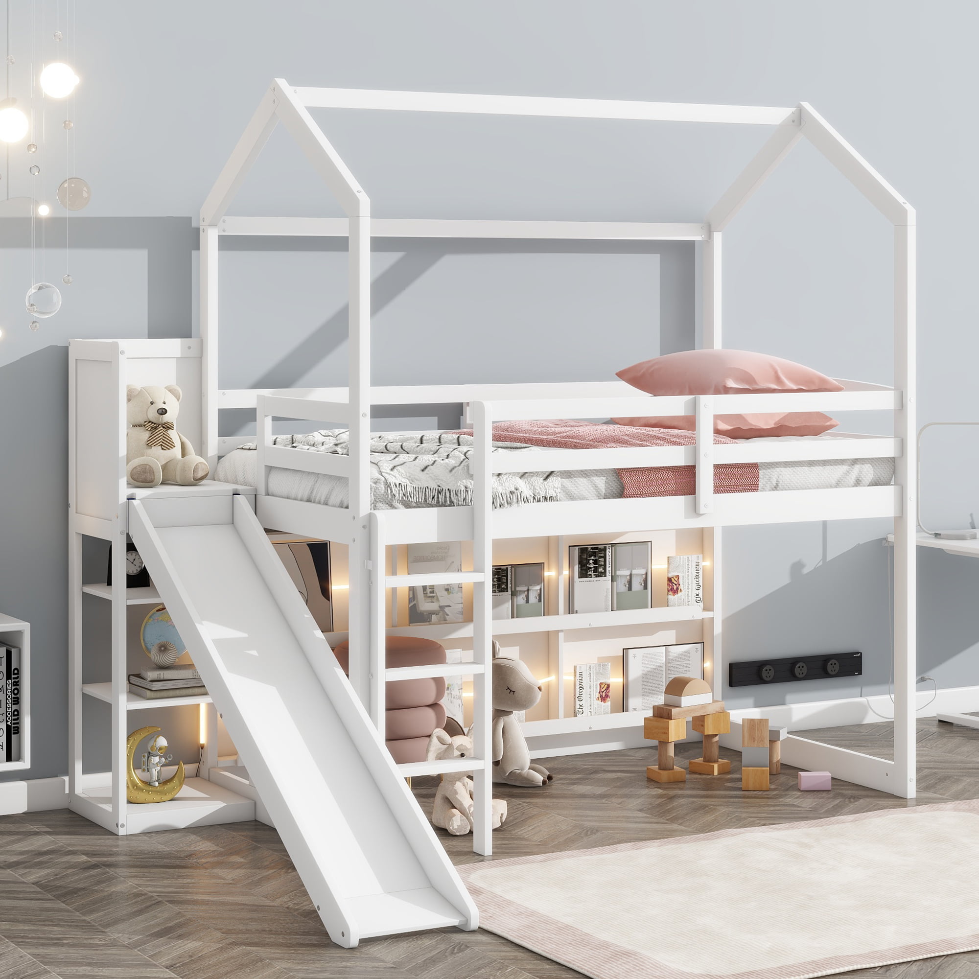 Twin Size Wood House Loft Bed With Slide, Storage Shelves And Light, Climbing Ramp