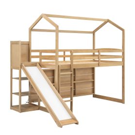 Twin Size Wood House Loft Bed With Slide, Storage Shelves And Light, Climbing Ramp