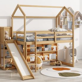 Twin Size Wood House Loft Bed With Slide, Storage Shelves And Light, Climbing Ramp