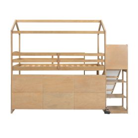 Twin Size Wood House Loft Bed With Slide, Storage Shelves And Light, Climbing Ramp