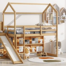Twin Size Wood House Loft Bed With Slide, Storage Shelves And Light, Climbing Ramp