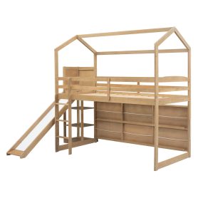 Twin Size Wood House Loft Bed With Slide, Storage Shelves And Light, Climbing Ramp