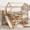 Twin Size Wood House Loft Bed With Slide, Storage Shelves And Light, Climbing Ramp