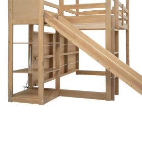 Twin Size Wood House Loft Bed With Slide, Storage Shelves And Light, Climbing Ramp