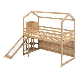 Twin Size Wood House Loft Bed With Slide, Storage Shelves And Light, Climbing Ramp