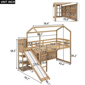 Twin Size Wood House Loft Bed With Slide, Storage Shelves And Light, Climbing Ramp