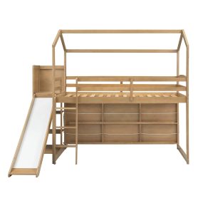 Twin Size Wood House Loft Bed With Slide, Storage Shelves And Light, Climbing Ramp