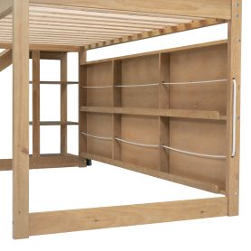 Twin Size Wood House Loft Bed With Slide, Storage Shelves And Light, Climbing Ramp
