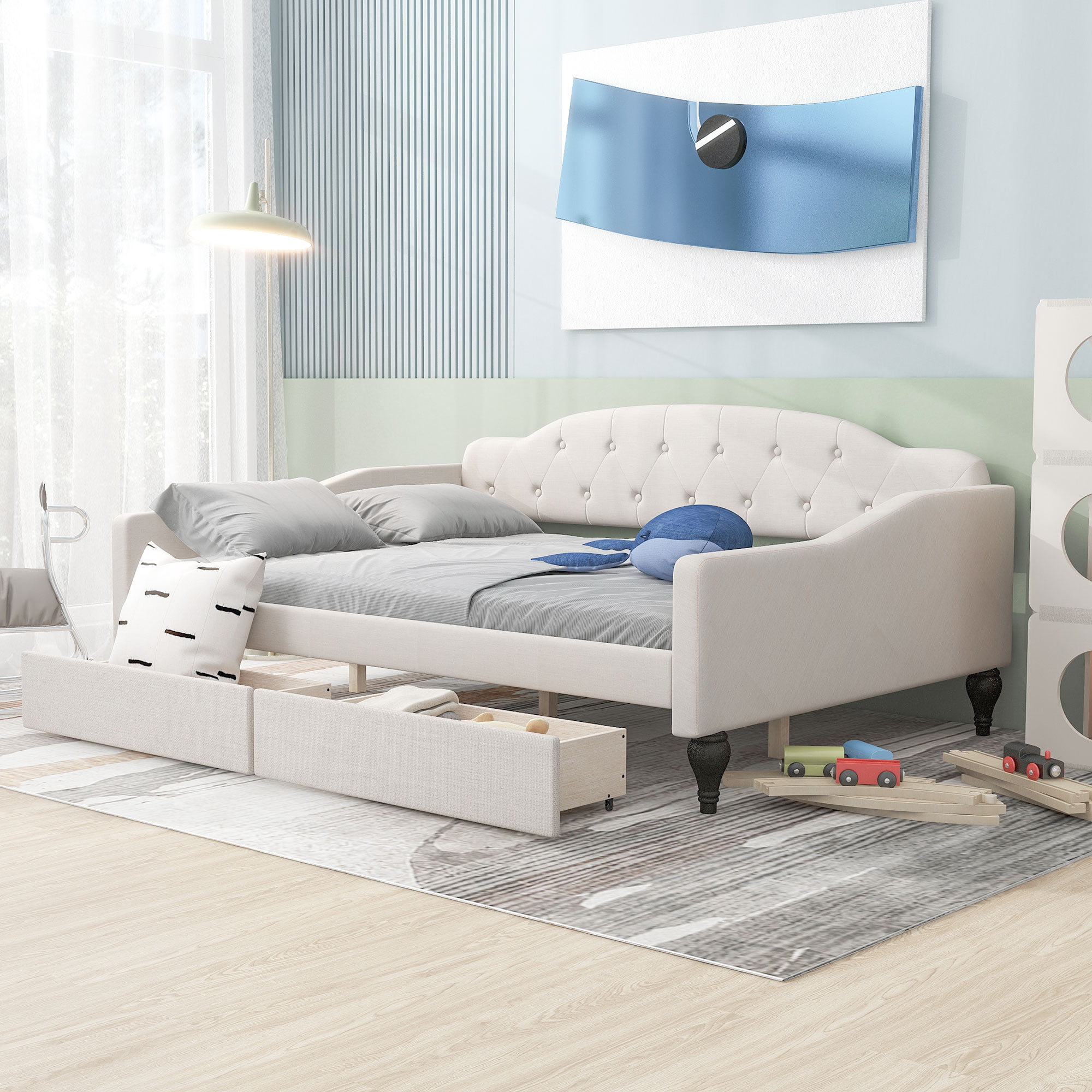 Full Size Upholstered Tufted Daybed Bed With Two Drawers 5 Full Size Upholstered Tufted Daybed Bed With Two Drawers