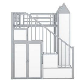 Metal Twin Over Twin Castle-Shaped Bunk Bed With Wardrobe And Multiple Storage