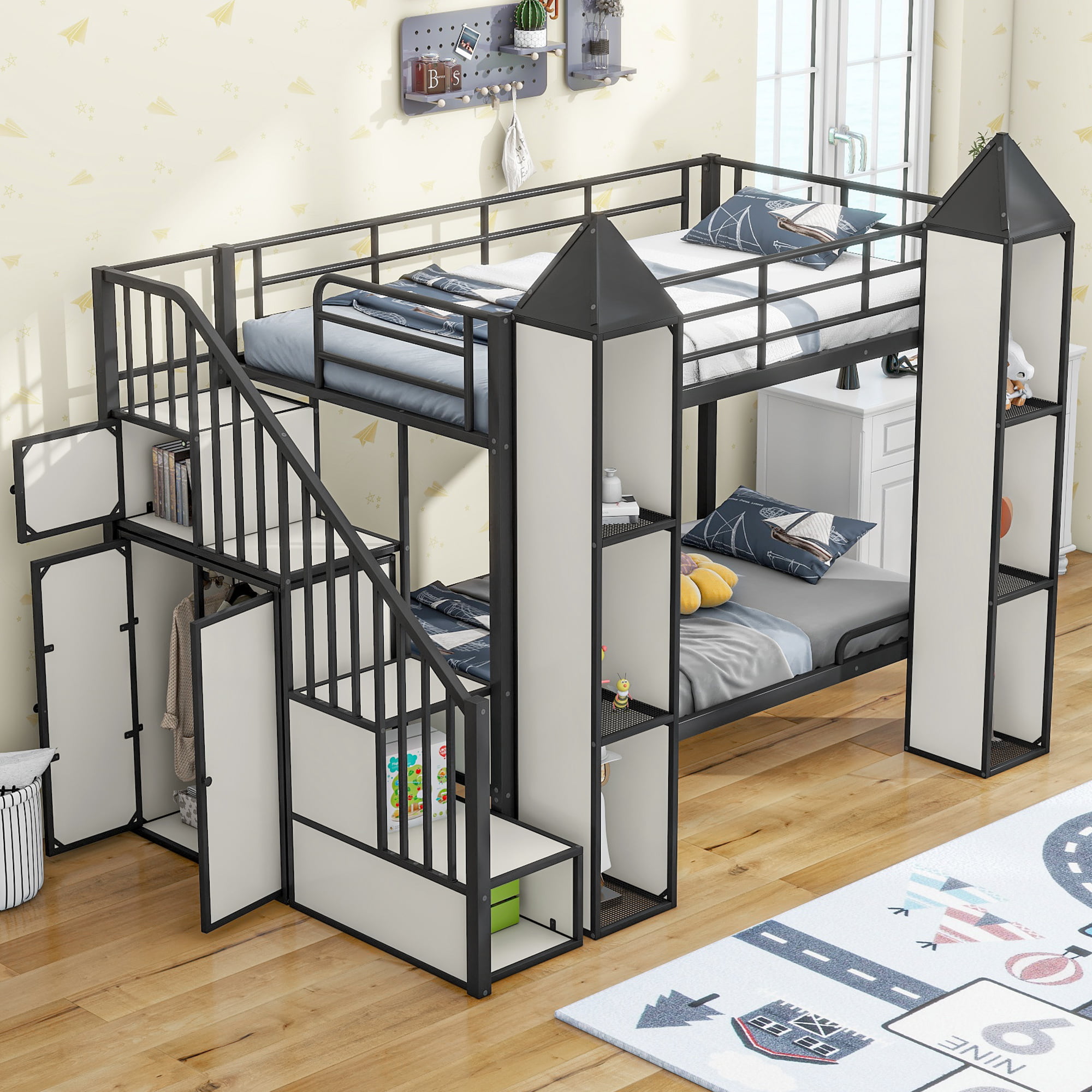 Metal Twin Over Twin Castle-Shaped Bunk Bed With Wardrobe And Multiple Storage