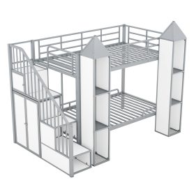 Metal Twin Over Twin Castle-Shaped Bunk Bed With Wardrobe And Multiple Storage